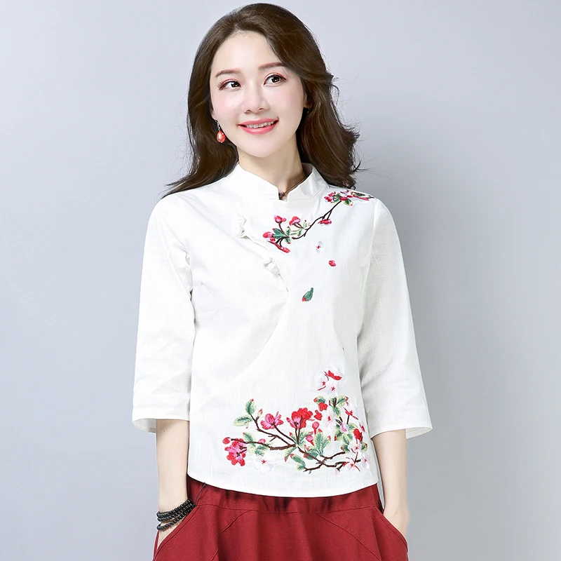 

Cotton Linen Chinese Style Qipao Shirt for Women Blue White Hanfu Embroidery Retro Summer Loose Han Fu Traditional Blouse Top