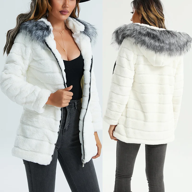 Winter 2022 New Fashion Imitation Faux Fur Coat and Jacket Mid-length Hooded Thickened Imitation Fur Coat Women