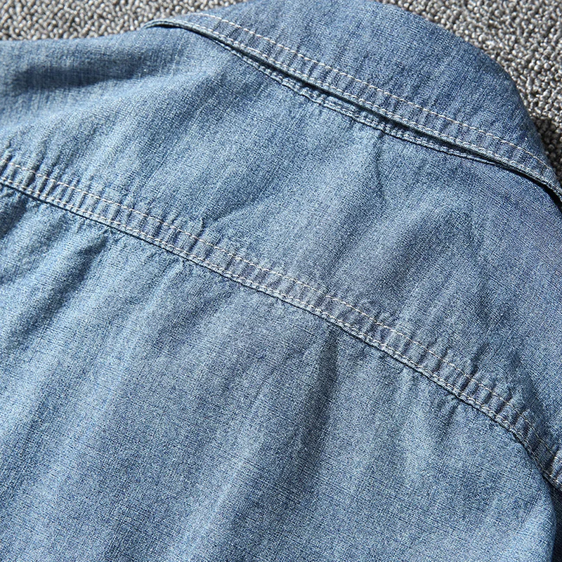 Летняя тонкая Новая мужская джинсовая рубашка с короткими рукавами и двойными