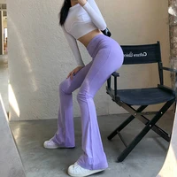 purple ribbed gothic y2k joggers women knitted flare pants slim high waist aesthetic trousers female vintage 90s sweatpants