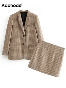 Женский офисный костюм Aachoae, комплект из двух предметов, однобортный Блейзер с рисунком гусиные лапки и шикарная мини-юбка с высокой талией