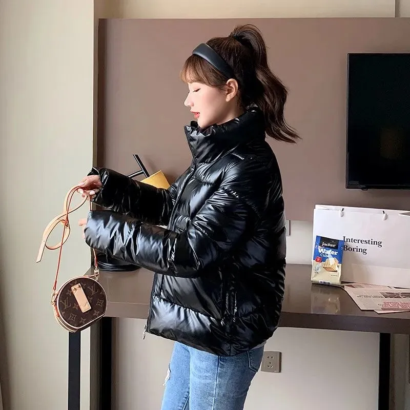 2022 New Glossy Down Cotton Light Jackets Winter Women's Coat Stand Collar Big Pocket Long Sleeve Zipper Casual Loose Parka Tops
