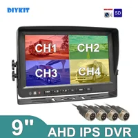 DIYKIT AHD IPS 4PIN 9" 4 Split Quad IPS Screen Car Rear View Monitor Support 4 x 960P AHD Camera with SD Card Video Recording