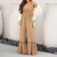 sexy jumpsuits women 2021 summer solid color suspenders ruffled wide leg flared pants rompers casual drawstring one piece outfit