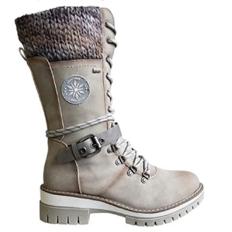 

Женские ботинки 2022, женские зимние вязаные ботинки до середины икры с пряжкой и кружевом, теплые женские ботинки на низком каблуке с круглым...