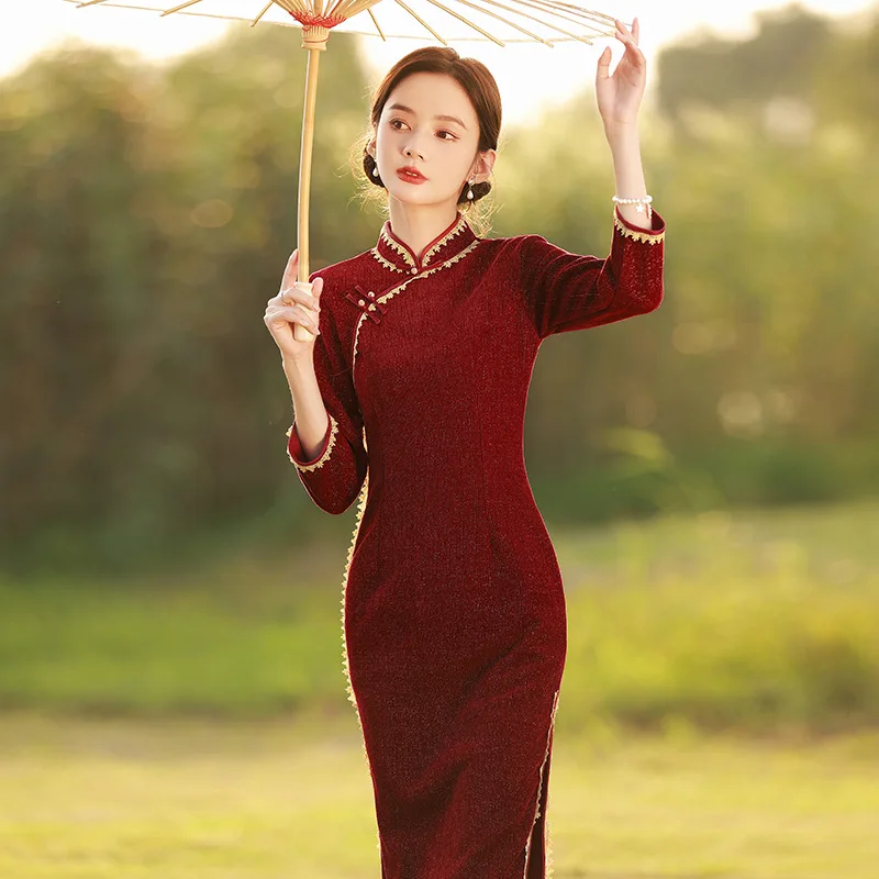 

Thickened Cheongsam In Winter 2022 New Women's Improved Wine-red Toast Dress Bride's Young Autumn and Winter Temperament