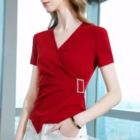 short sleeved t shirt womens summer 2022 new sexy cross v neck stretch cotton top design sense buckle waist y2k tops