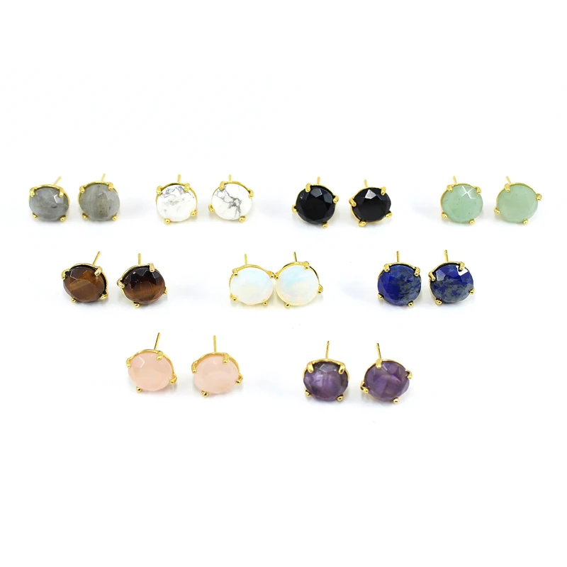 

Natural Stone Stud Earrings Round Shape Gold Rim Aventurine Rose Quartz Onyx Tiger Eye For Women Fashion Jewelry Charm Gift