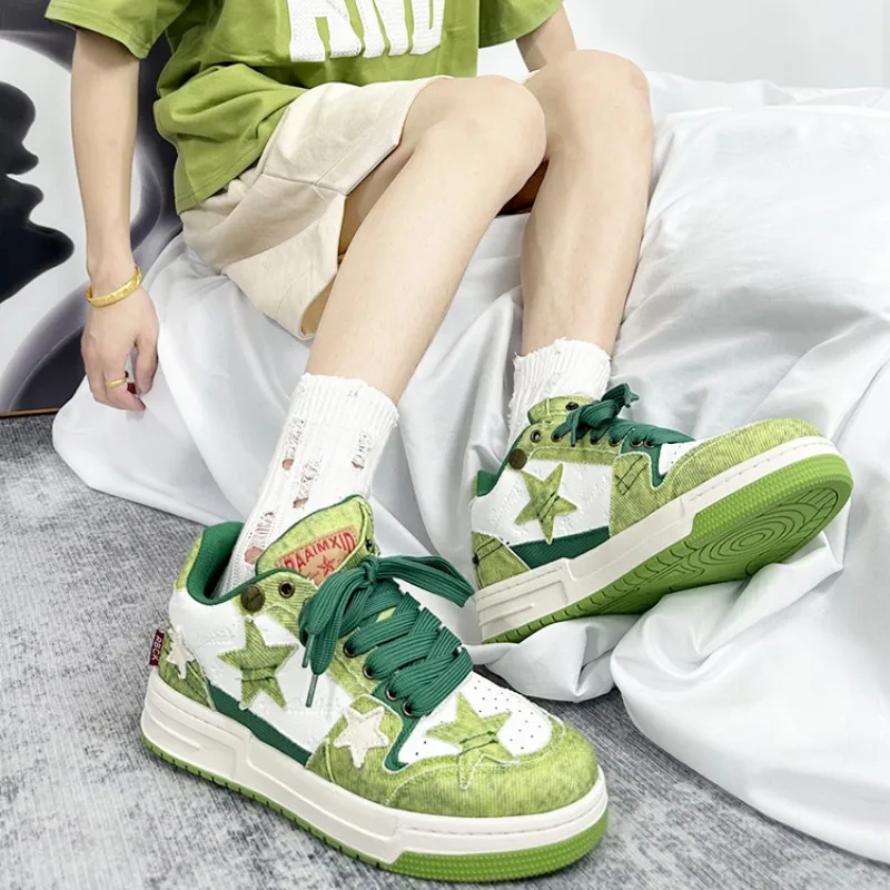 

Denim Green Star Design Couple Vulcanized Female Skateboard Sneakers Women's Sports Shoes for Women Casual Flat Tennis Shoes