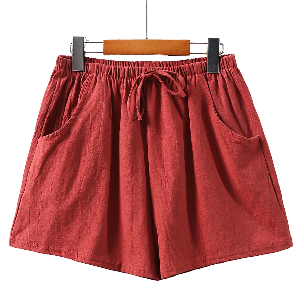 

Cotton Linen Red Shorts For Women 45-80KG Summer Sports Casual High Waist Loose Pockets Short Pants Pantalones Cortos De Mujer
