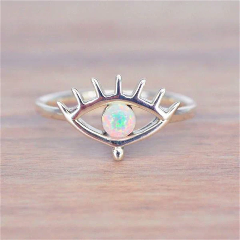 

Bohemian Style Female Inlaid Opals Evil Eye Ring Sweet Romantic Women Silver Color Metal Rings Anniversary Gift Jewelry
