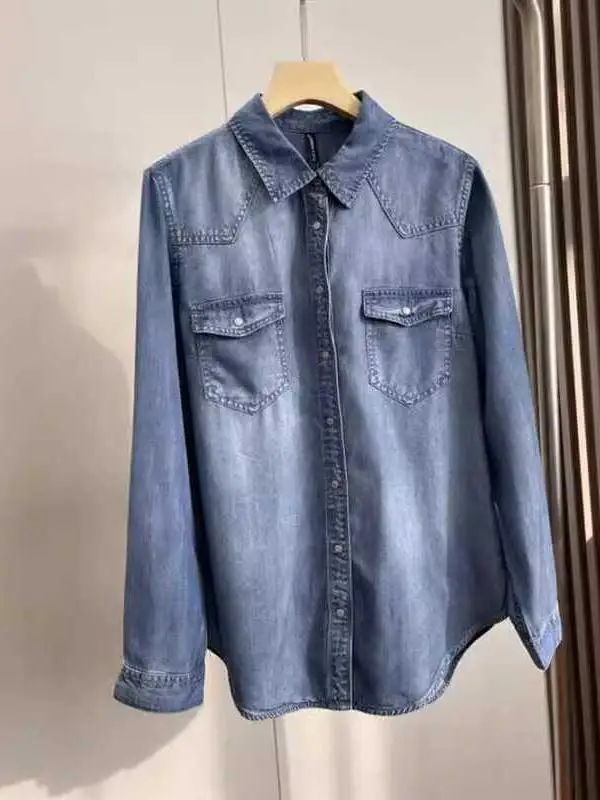 French sle Stacked Soft Denim Shirts Women High-Grade Spring and Autumn Cotton Small Loose Temperament Shirt Thin Coat