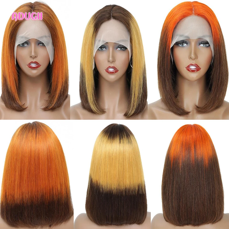 Short Bob Wigs Colored Human Hair Wigs Orange Straight Lace Front Wigs For Women Ombre Brown Blonde Brazilian T-Part Lace Wig