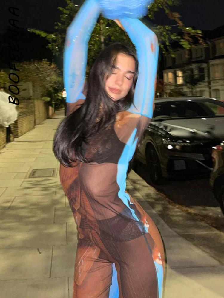 

BOOFEENAA Сетчатое платье с абстрактным принтом, прозрачные сексуальные Клубные наряды для женщин, шикарные облегающие длинные платья с открыт...