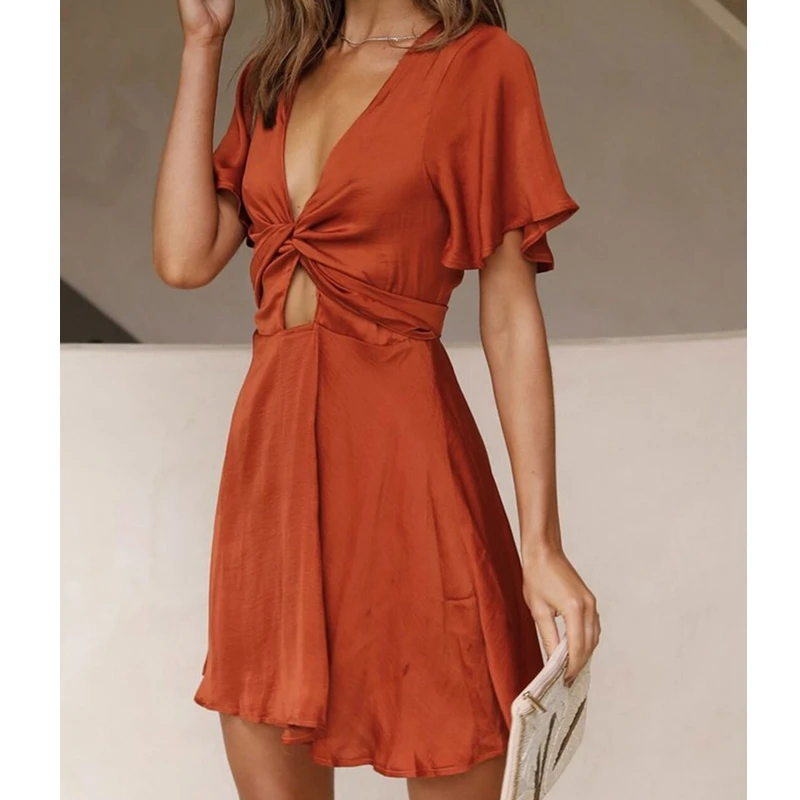 

Wepbel Fashion Casual Clubwear Dress Women Summer Dress Short Sleeve V-neck Lace-up Sexy Dress Solid Color Deep V A-line