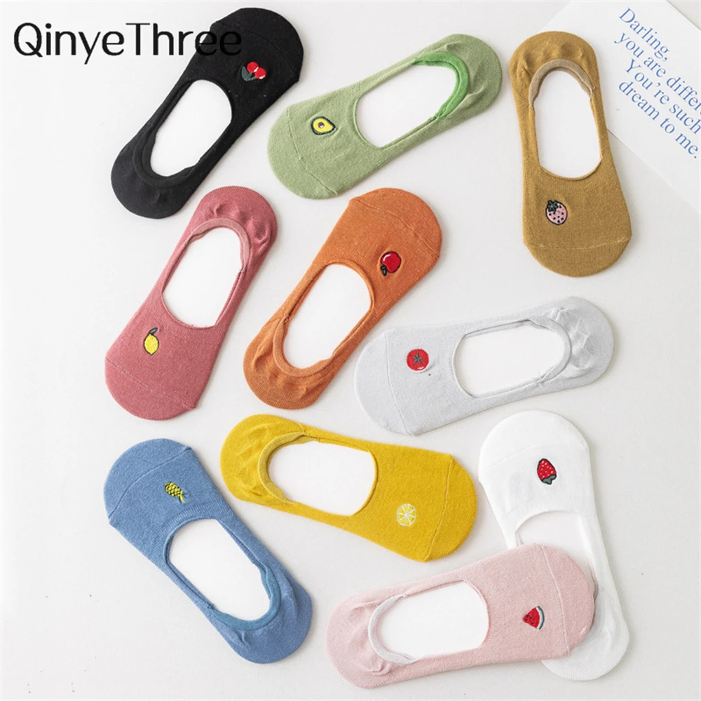 

1 Pair New Summer Spring Women Embroidery Personality Cute Cartoon Fruit Avocado Cherry Girls' Invisible Silicone No-Slip Socks