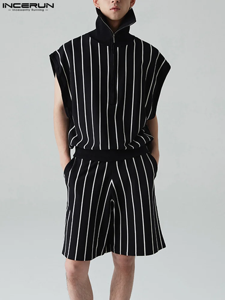 

INCERUN Men Striped Sets 2022 Summer Lapel Sleeveless Zipper Tank Tops & Shorts 2PCS Streetwear Stylish Men Casual Suits S-5XL