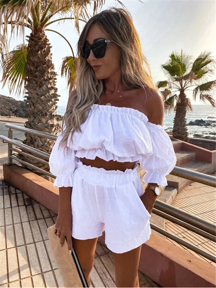 

Lantern Sleeve Pocket Suit Female Top Shorts Two Pieces Set Women Casual Short Sleeve Outfit 2023 Summer Fashion One-Word Collar