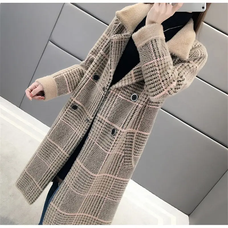 

Imitation Mink Cashmere Coat Mid Long Cardigan Abrigos Mujer Inverno 2021 Slim Thick Warm Plaid Jacket Autumn Overcoat Outwear