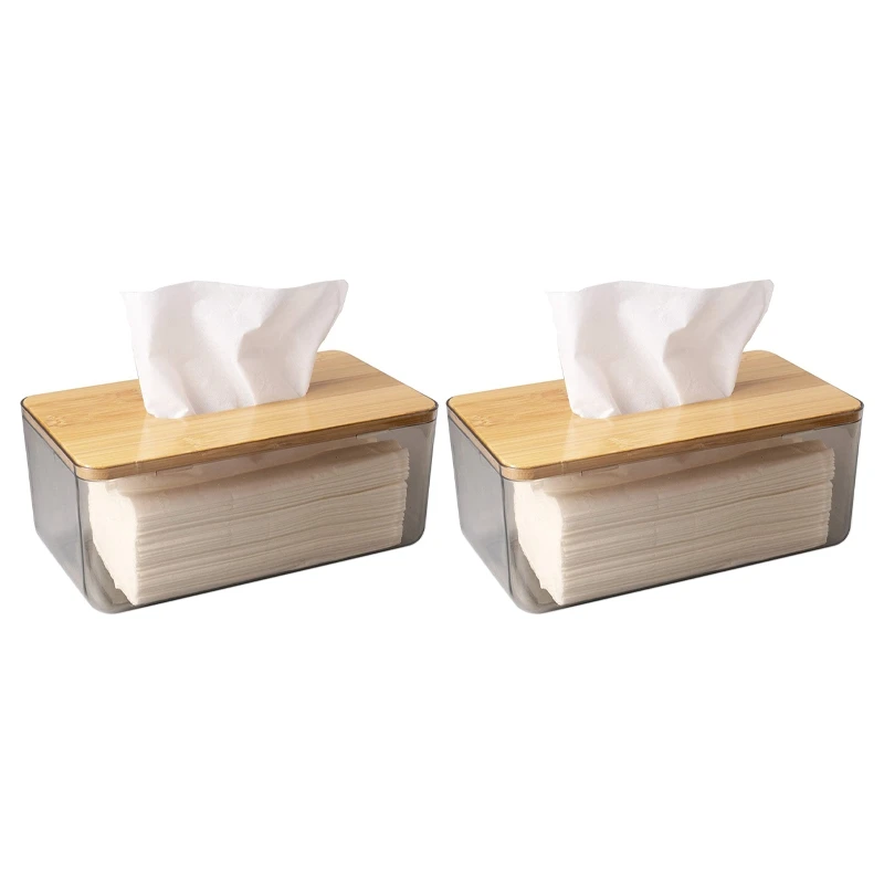 

2X Minimalist Tissue Box Cover Holder, Modern Transparent Rectangular Bamboo Facial Tissues Dispenser