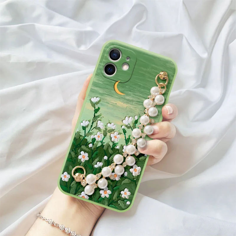 

New Pearl Moon Color White Flower Oil Painting Mobile Phone Case for Iphone12 11 XS XR Huawei P40 Creative