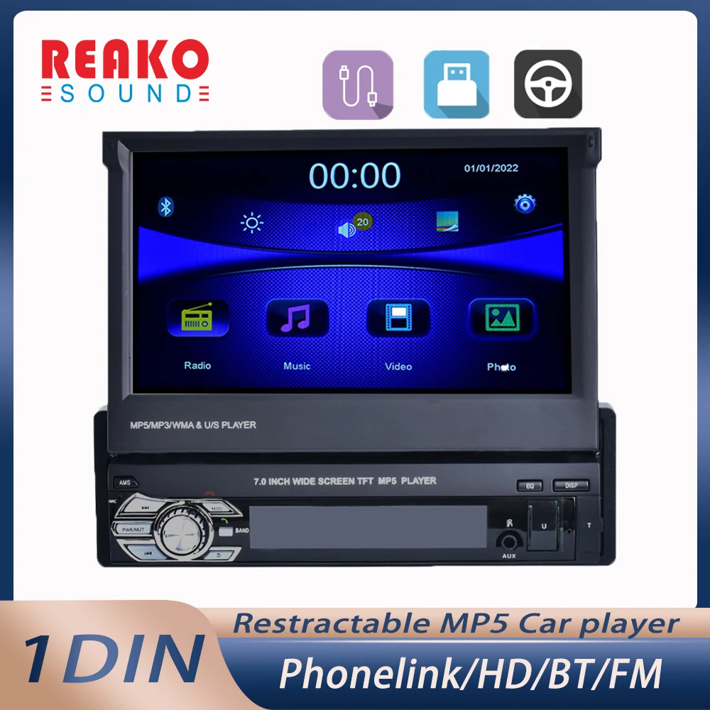 

REAKOSOUND 1 Din Car Radio Stereo 7" Retractable Screen Multimedia Player Autoradio Mirror LinkTape Recorder