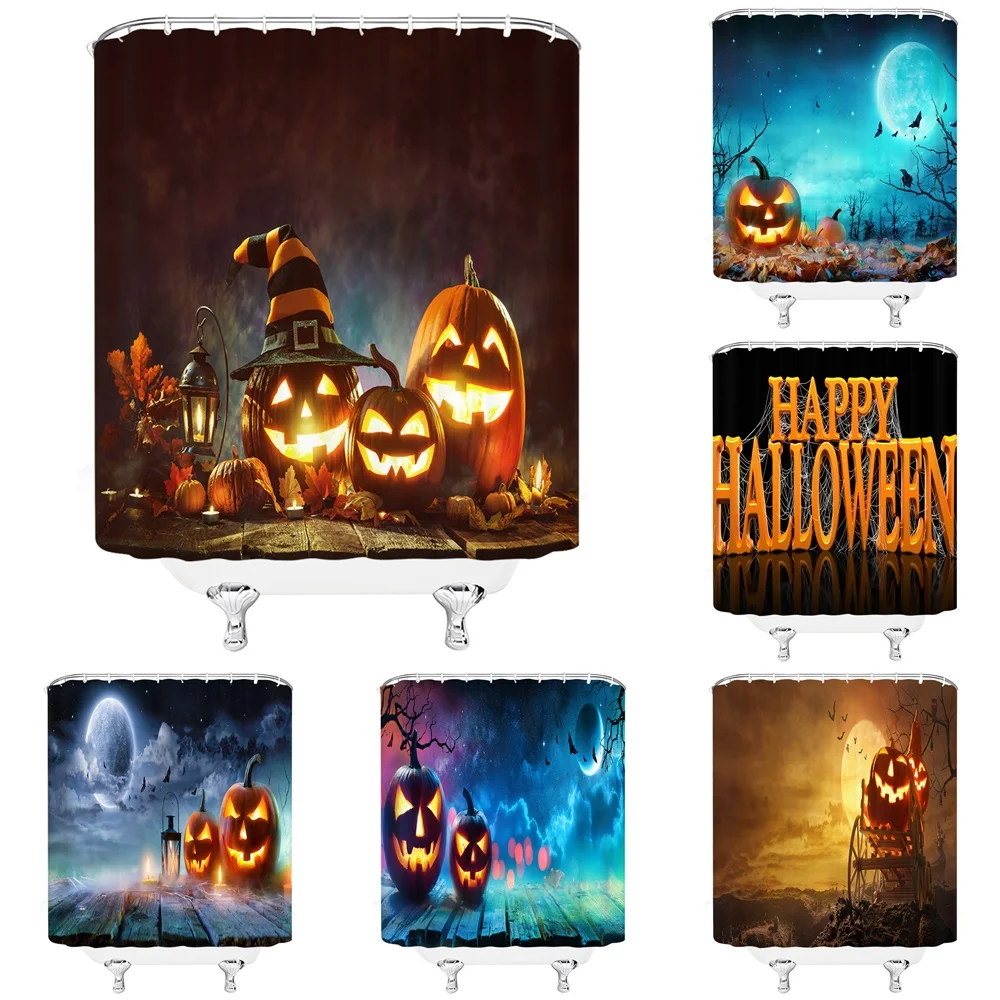 

Занавеска для душа в виде полумесяца на Хэллоуин, забавная тыква, летучая мышь, деревянная перемычка, тканевая декоративная занавеска для в...
