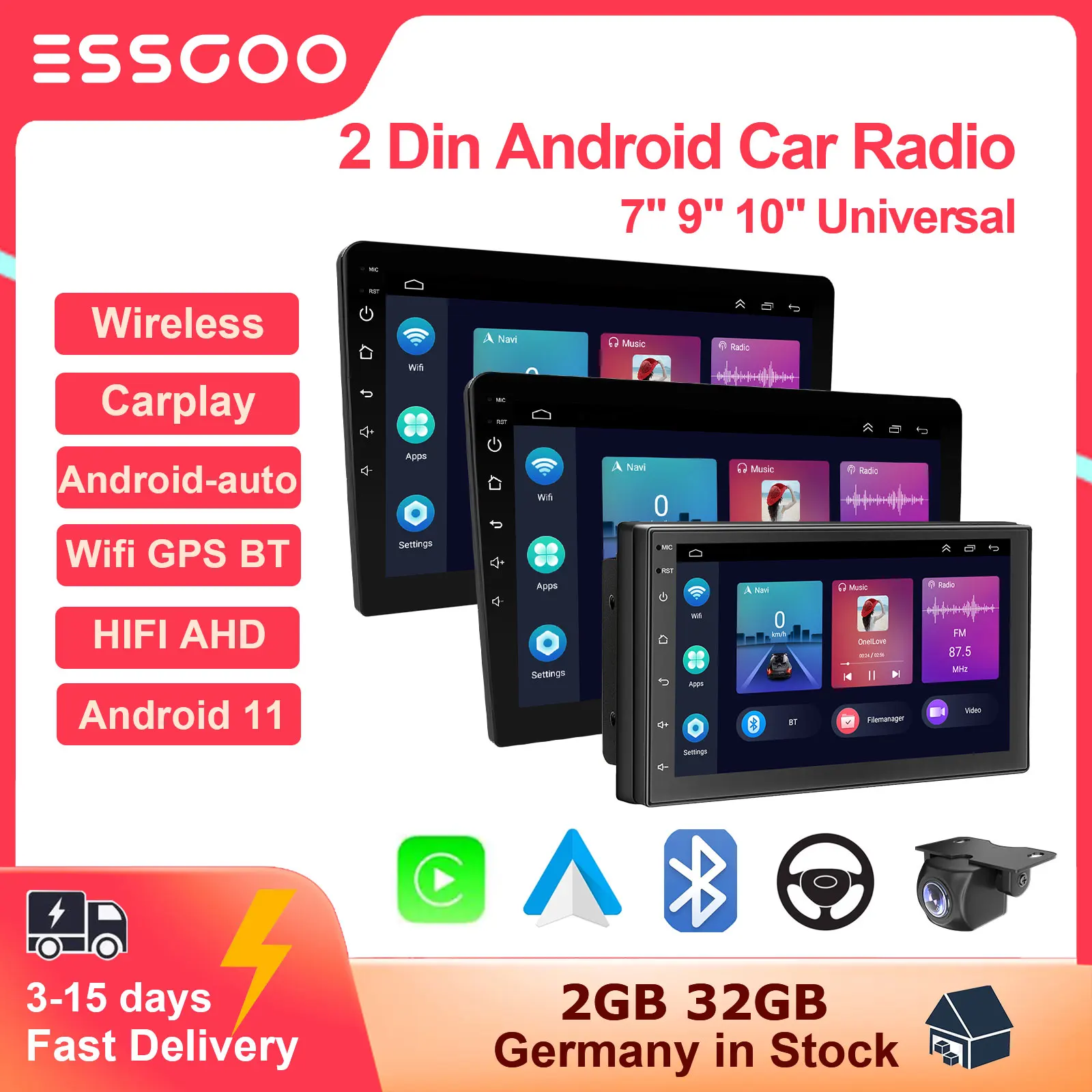 

ESSGOO Android Car Radio Carplay Android Auto 2 Din Autoradio Stereo 2G 32G 7 9 10 Inch AHD HIFI Universal Multimedia Player