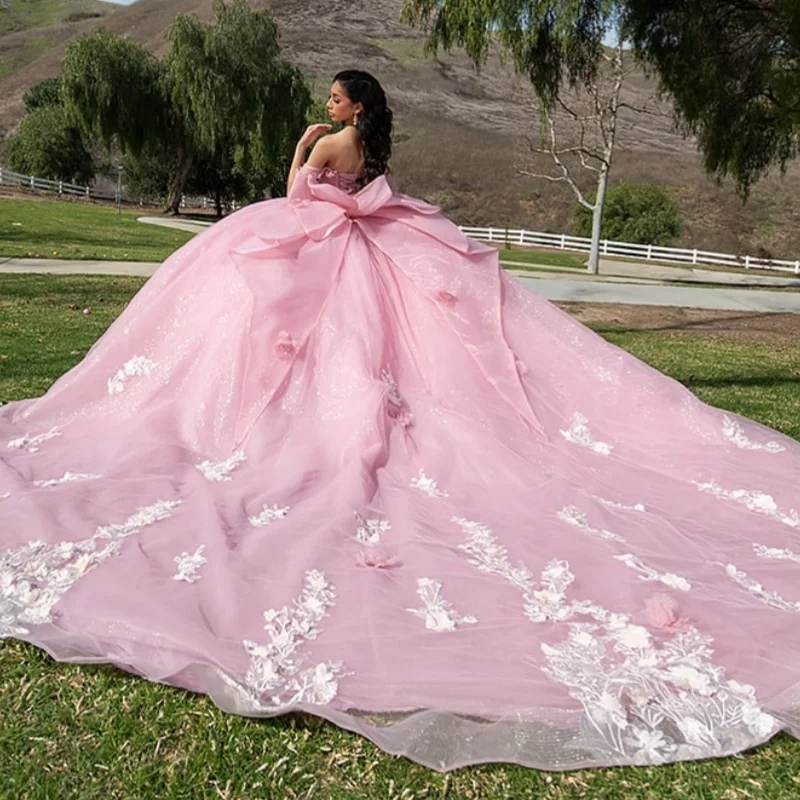 Розовые блестящие платья Quinceanera бальное платье с открытыми плечами милое 16