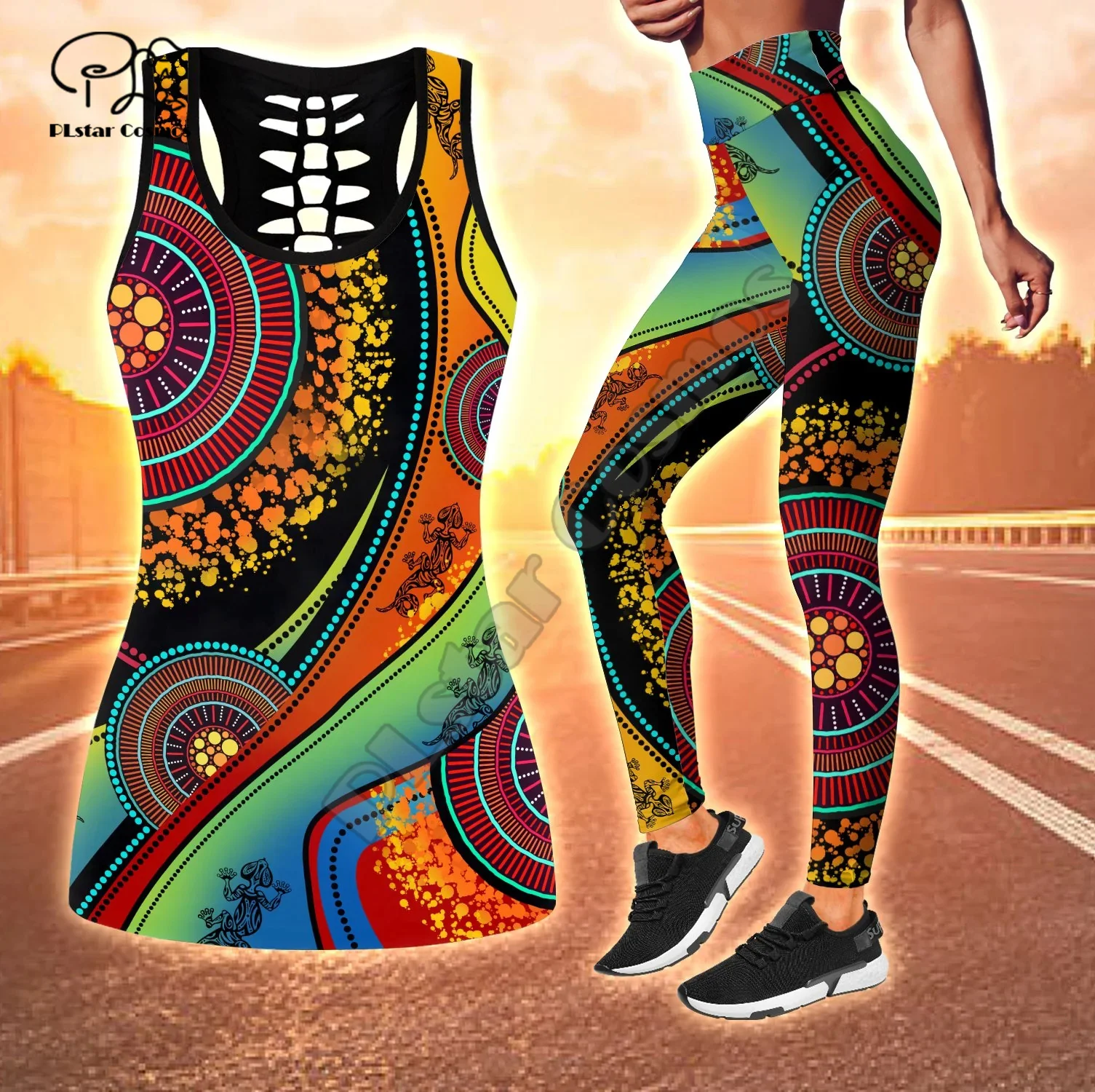 

Indigenous Australia Aboriginal Retro Tattoo Vintage 3DPrint Casual Yoga Hollow Out TankTop Leggings Combo Women Vest Fitness X2