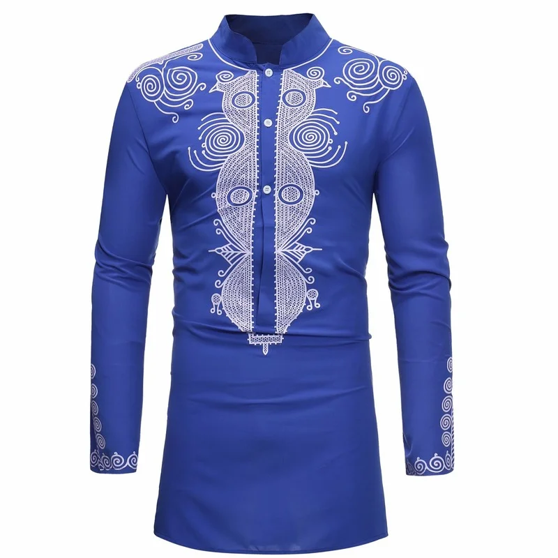 

Stand Collar Muslim Shirt Men Clothes Folk Kaftan Musulman Kurta Indian Islamic Clothing National Printed Long Sleeve Shirts