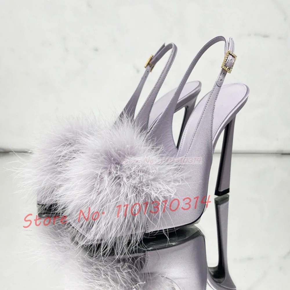 

Feather-trimmed Slingback Sandals Women Square Peep Toe Curved Heels Satin Shoes Luxury Party Elegant High Heel Evening Sandals