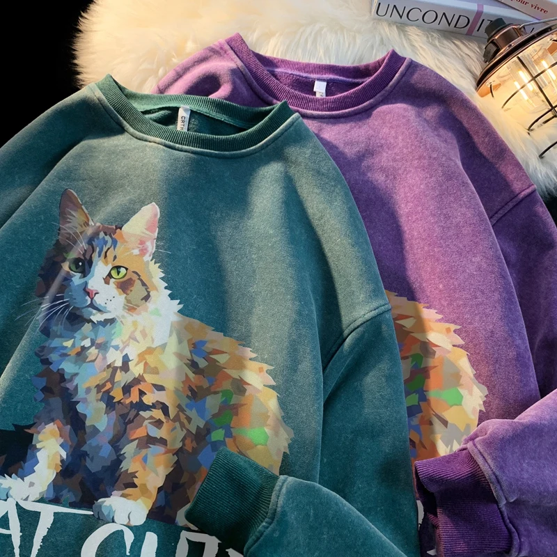 

Женские винтажные пуловеры с принтом кошки, Свободные Теплые свитеры с круглым вырезом и графическим принтом в американском стиле для осени и зимы, уличная одежда унисекс