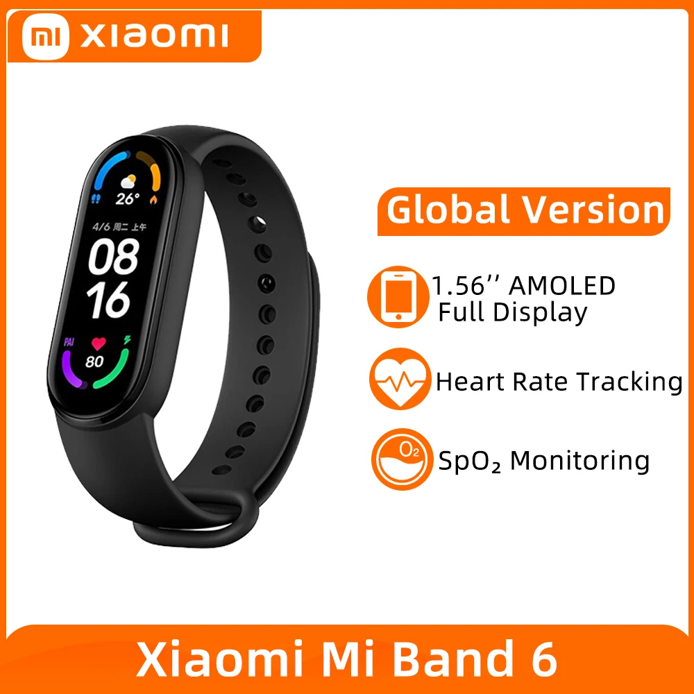 

Умный Браслет Xiaomi Mi Band 6, фитнес трекер с AMOLED экраном 5 цветов, с функцией измерения уровня кислорода в крови, с поддержкой Bluetooth