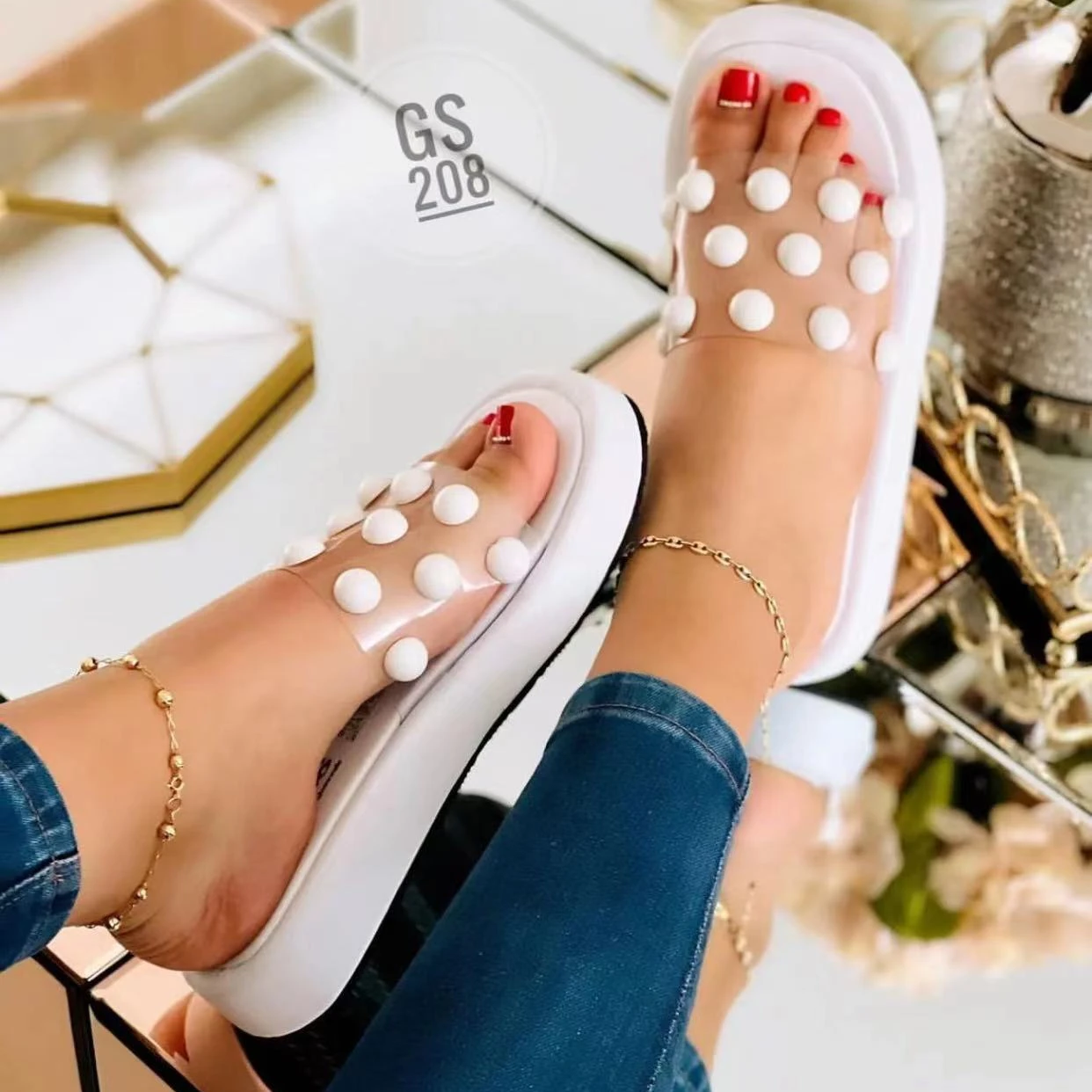 Wedge Heel Slippers Women's 2022 New Summer Fashion Pearl One Word Drag Thick Bottom Large Size 43 Sandals and Slippers Female