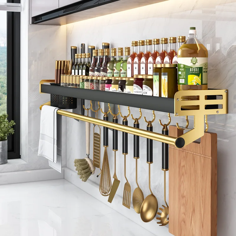 

Luxury Black Gold Kitchen Organizer Rack Hole Free Space Aluminum Tool Holder Wall Hanging Type Storage Rack For Seasoning