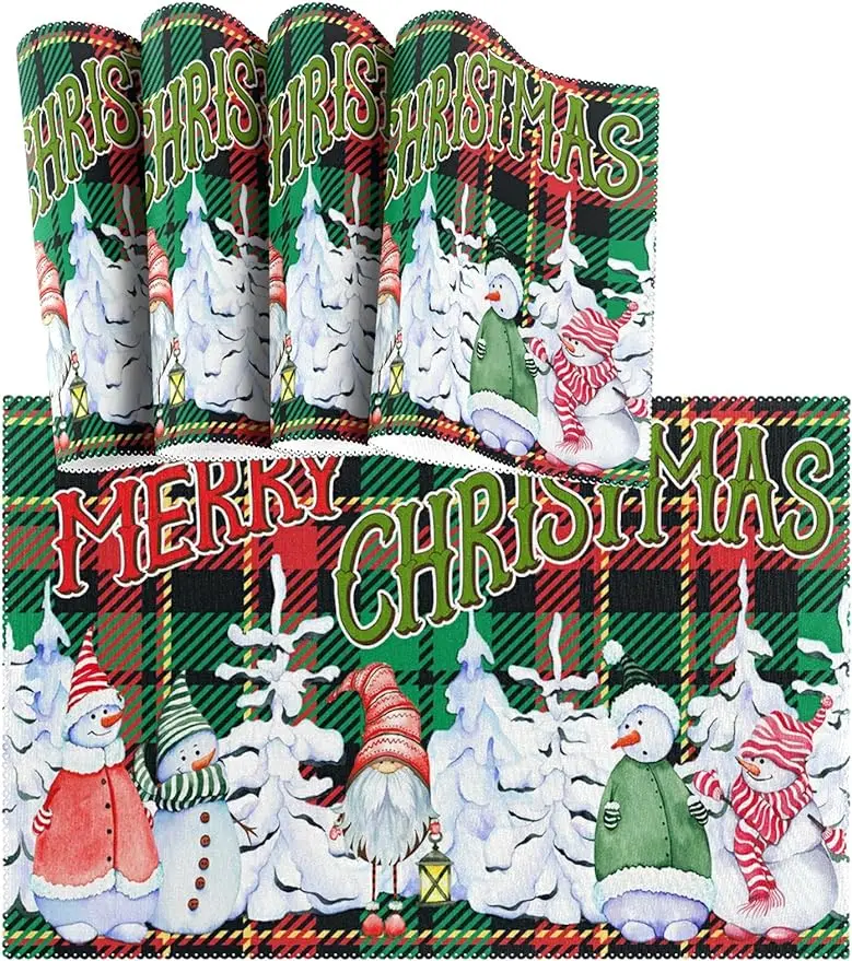 

Christmas Gnomes Placemats Set of 4 Snowman Plaid Non Slip Heat-Resistant Washable Table Place Mats for Kitchen Dining Table