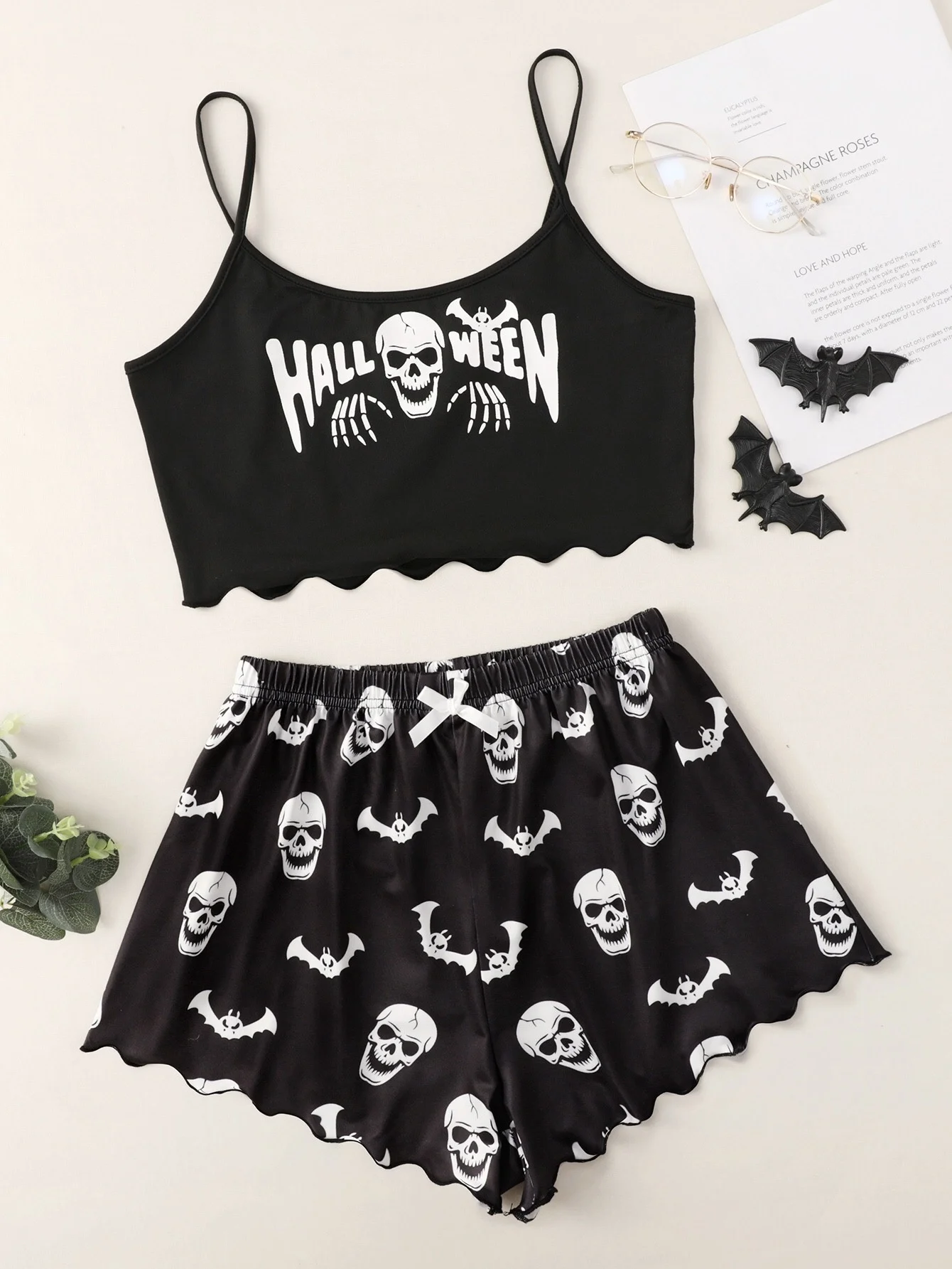 

Women's Sleeveless Vest Elastic Waist Short Pants Pajama Set Halloween Skull Print Camisole With Shorts Sleepwear Home Wear