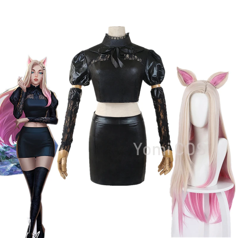 

Game LOL KDA Ahri Cosplay Costume LOL KDA The Baddest Ahri Cosplay Sexy Women Black Uniform Costume Halloween Skirt Sock Wig