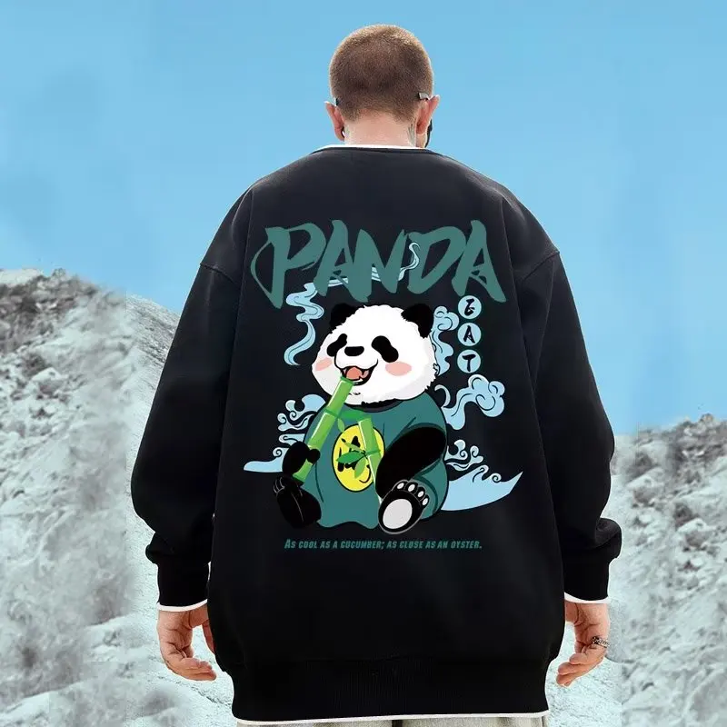 

Chinese Style Round Neck Sweater Tide Brand No Hat Loose Large Size Panda Printing Fake Two Loose Long Sleeve Couple Clothes