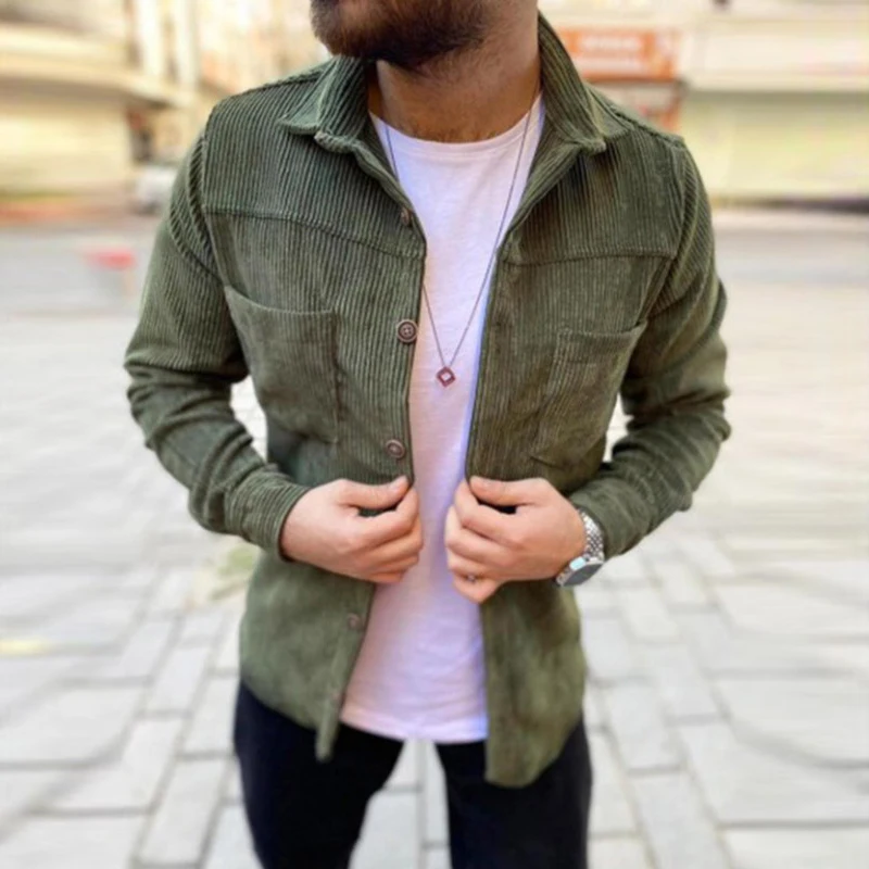 

Leisure Solid Color Corduroy Shirt Jacket Men Autumn Fashion Turn-down Collar Buttoned Cardigan Coats Mens Long Sleeve Outerwear