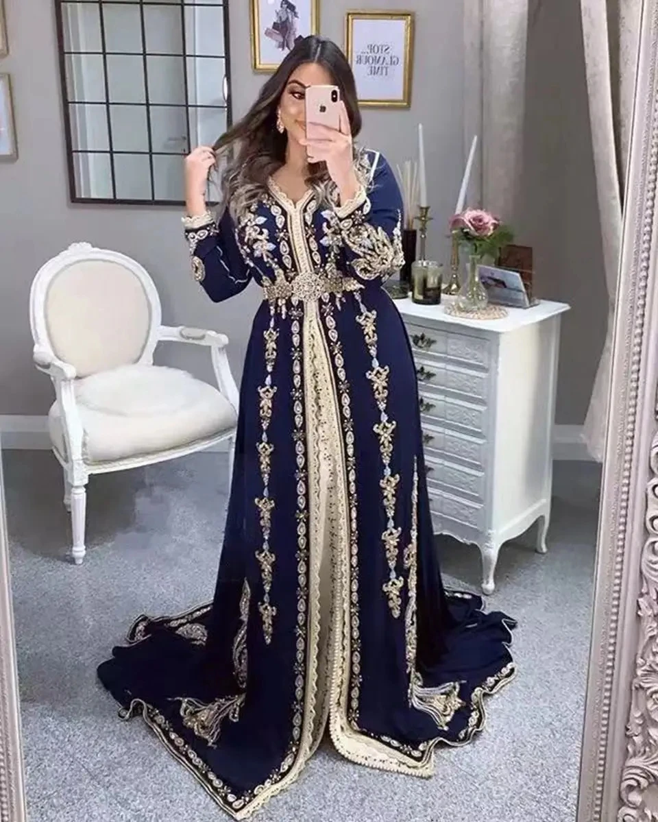 

Blue Moroccan Caftan Formal Evening Dresses A-line Long Sleeves Appliques Prom Dresses Arabic Party Dresses