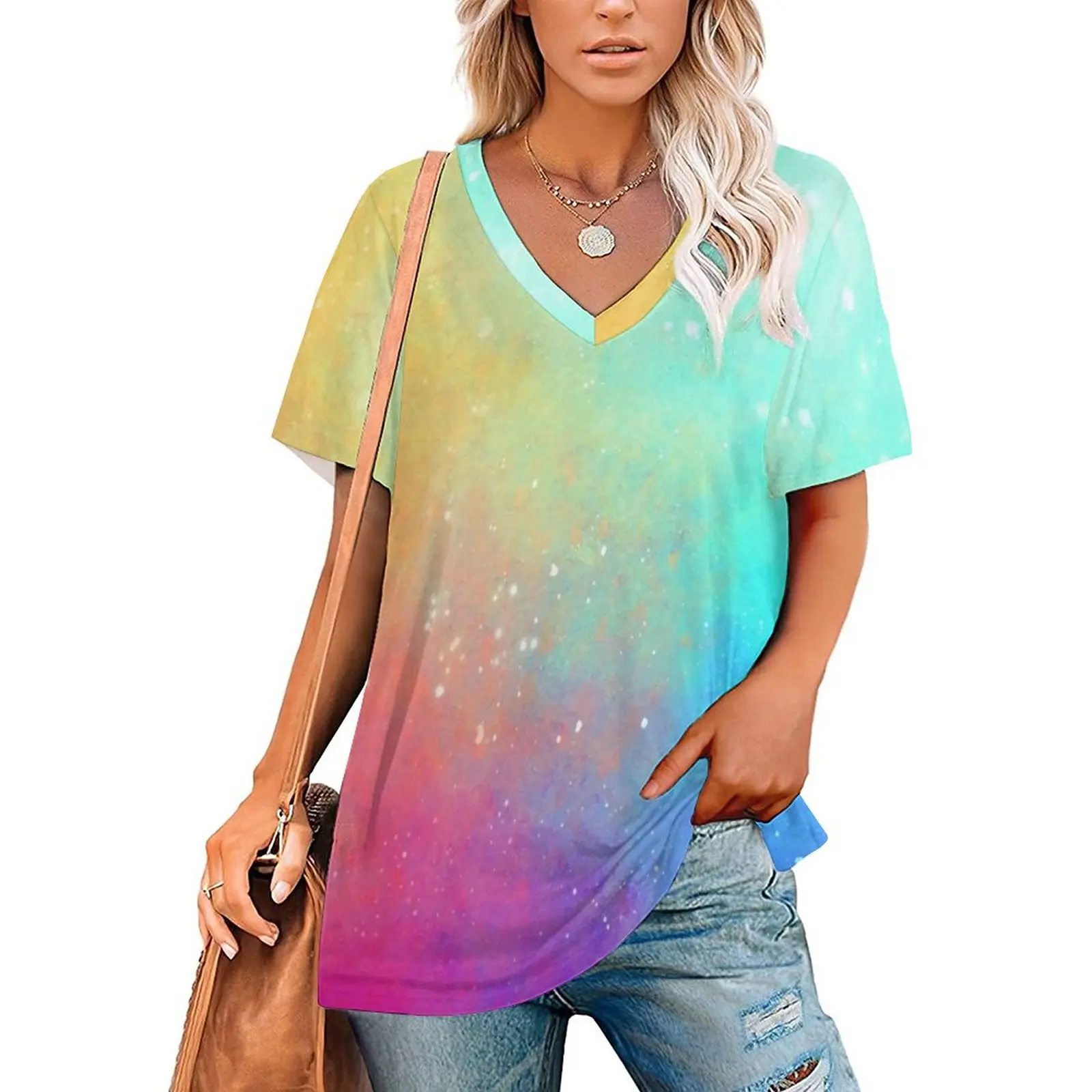 

Colorful Galaxy Sky T Shirts Rainbow Print V Neck Korean Fashion Oversized T-Shirt Short Sleeve Retro Tshirt Summer Graphic Tees