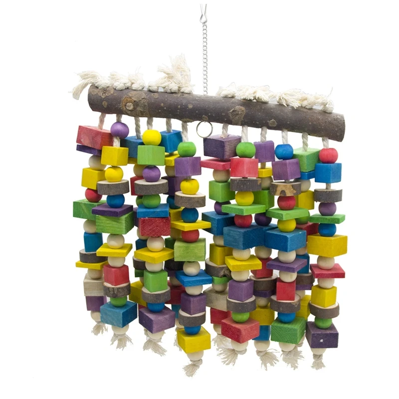 

Bird Chewing Toy Natural Wood Colorful Blocks Beads Cage Decor for Large Parrot