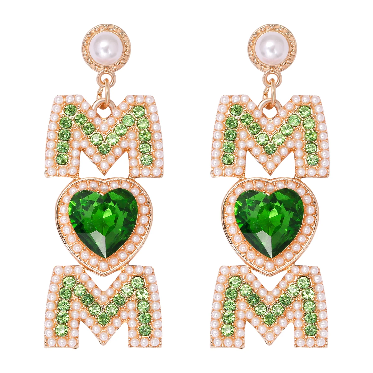 

2023 New Design Green Shiny Heart-shaped Rhinestone Fashion Pearls Letters MOM Earrings Statement Jewelry Mother's Day Gifts