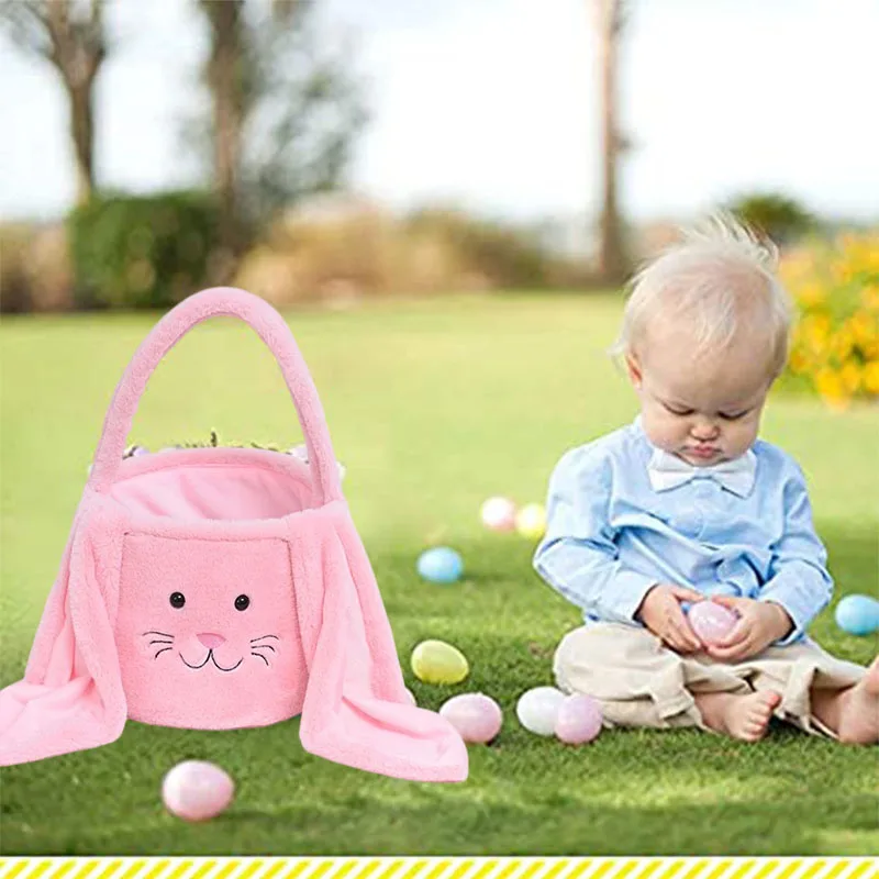 

2022 Easter Bucket Floffy Plush Long Ear Handbag Round Bottom Bunny Basket Huge Storage Bag For Festival Decoration Gift