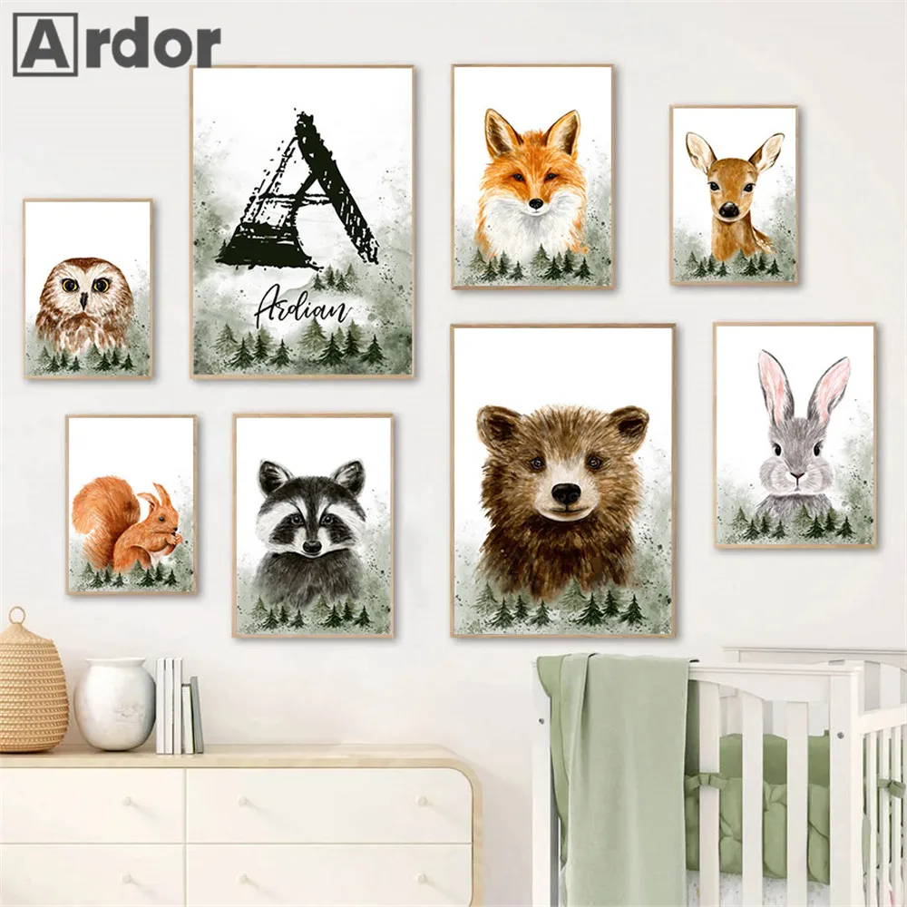 

Custom Name Canvas Art Poster Fox Deer Bear Painting Woodland Animals Print Nursery Posters Nordic Wall Pictures Kids Room Decor