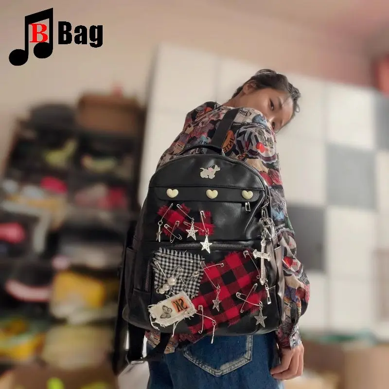 Y2k женский винтажный школьный ранец из искусственной кожи рюкзак с нашивкой