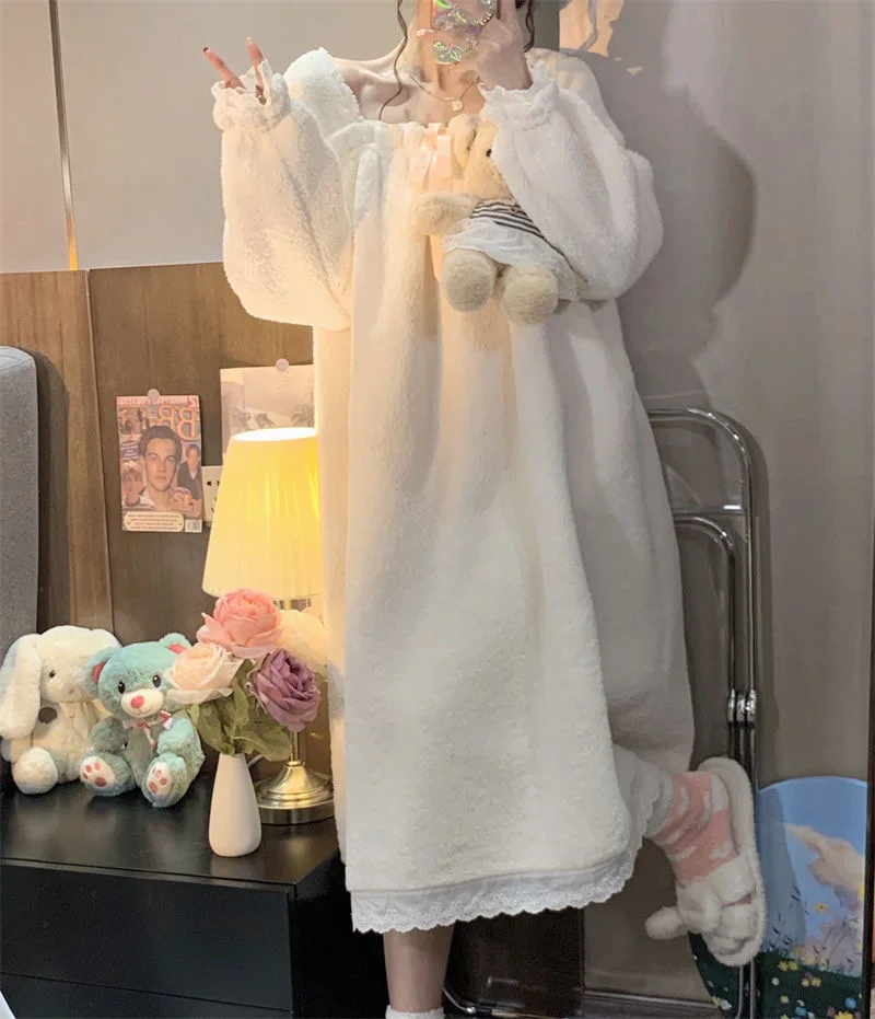 Girl Winter White Thin Thickened Nightgown Polyester Comfortable Square Collar Lace At Cuffs Leisure Wear With A Bow Decoration