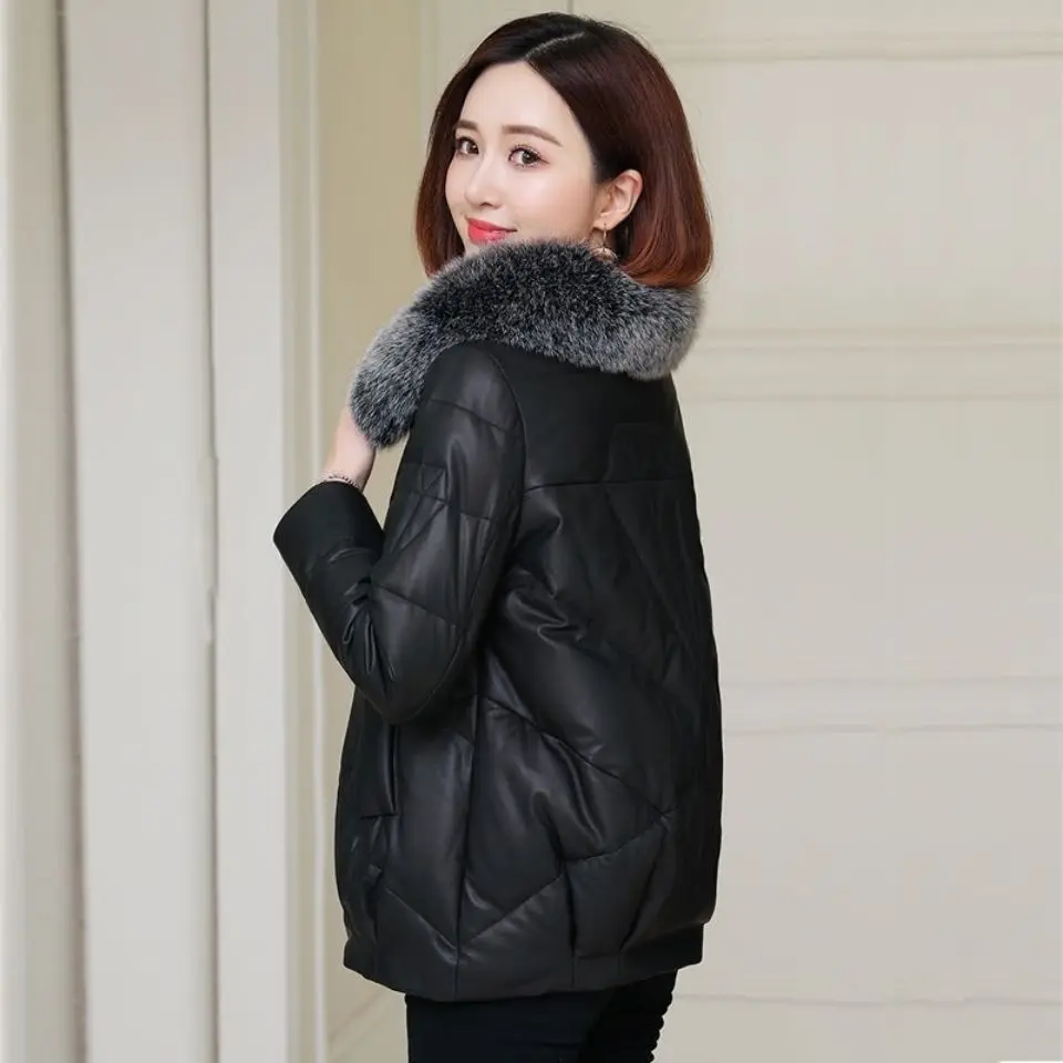 

Leather Cotton Clothes Women's Short Winter New Loose Imitation Fox Fur Collar Fur PU Leather Thickened Jacket